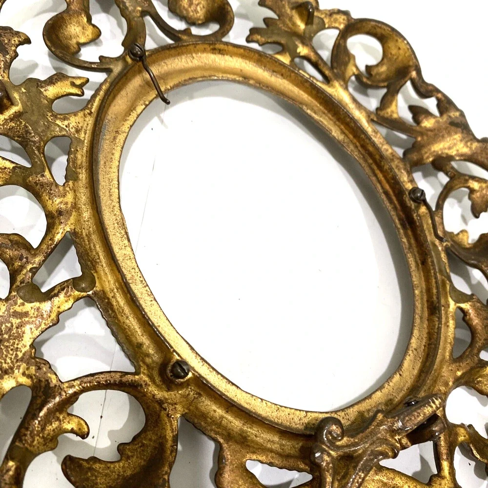 Vintage Cast Metal Frame Ornate Portrait Photo Holder Gold Victorian Oval FLAW